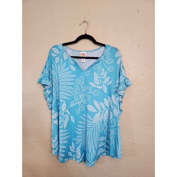 Ruby Rd. Favorites Women's‎ Blue White Leaf Ruffle V-Neck Short Sleeve Blouse 1X - Picture 1 of 6